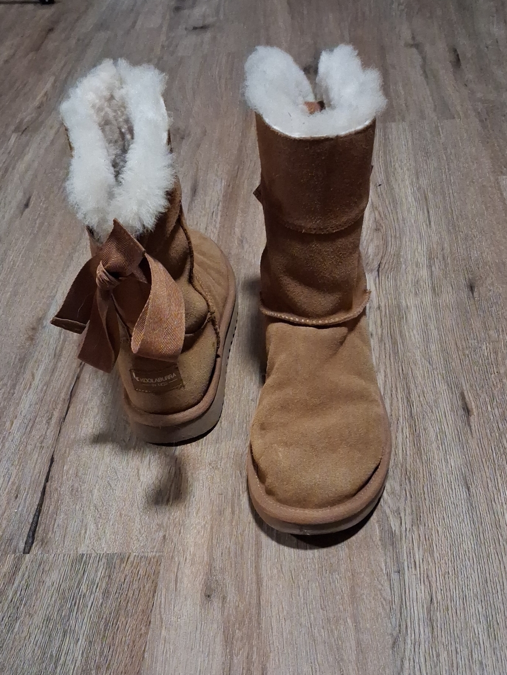 Koolaburra Chestnut Suede Ankle Boots with Cream Shearling Trim